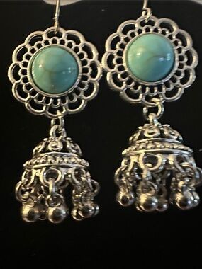 Turquoise Silver Filigree Jhumka Earrings - Women Jewelry